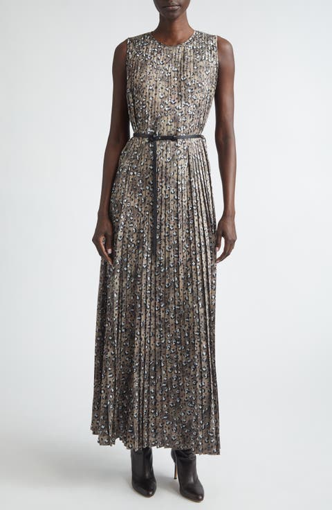 Leopard Print Accordion Pleat Belted Satin A-Line Dress