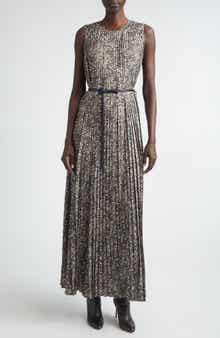 Leopard Print Accordion Pleat Belted Satin A-Line Dress