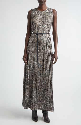 Leopard Print Accordion Pleat Belted Satin A-Line Dress