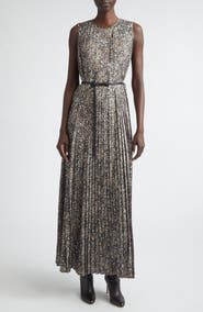 Lafayette 148 New York Leopard Print Accordion Pleat Belted Satin A-Line Dress