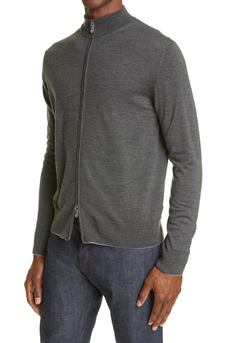 Zip Front Merino Wool & Silk Sweater, Alternate, color, MEDIUM GRAY MELANGE