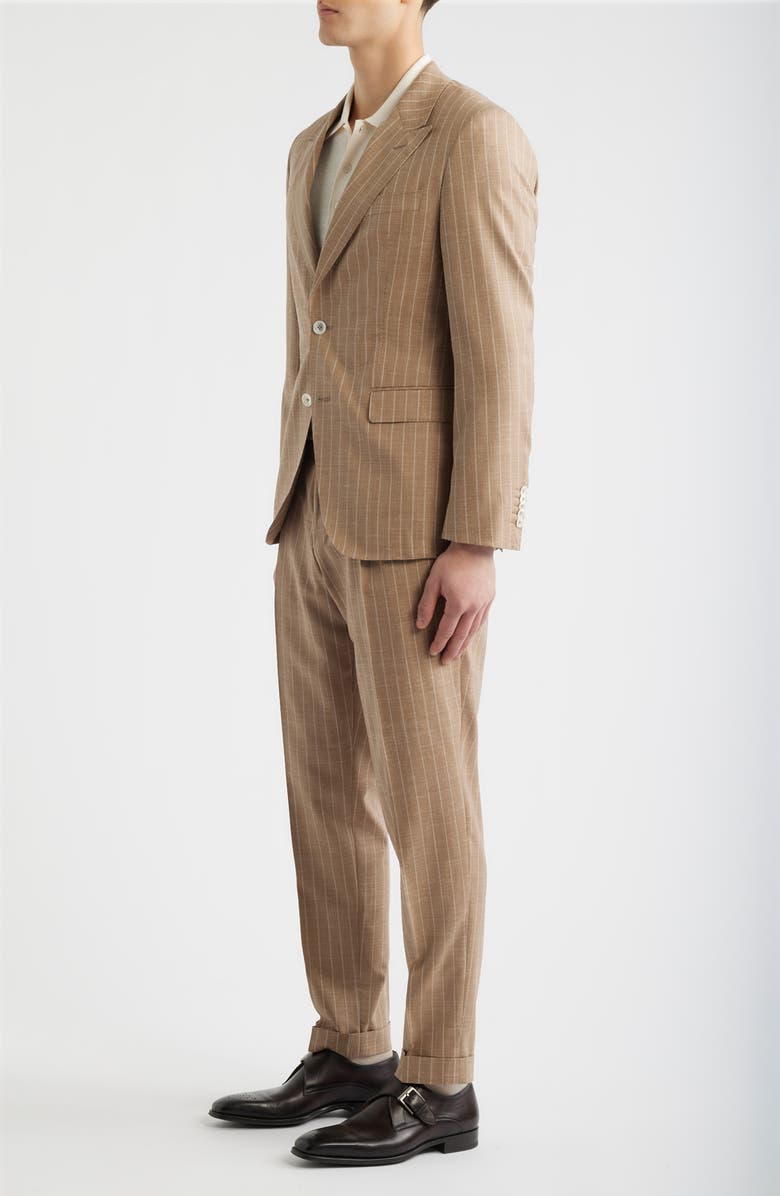 BOSS Camel Heston Slim Fit Pinstripe Wool Blend Double Breasted Suit, Alternate, color, Medium Beige