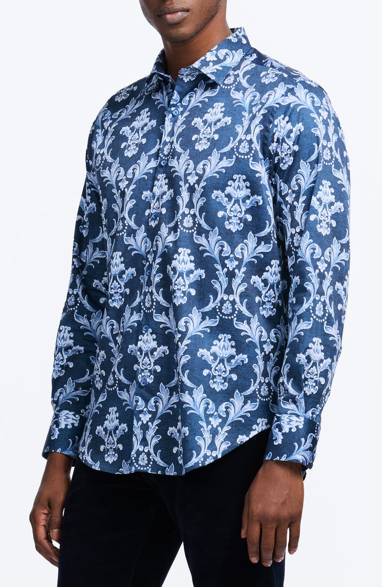 Robert Graham Neville Blue Damask Print Stretch Cotton Button-Up Shirt, Alternate, color, Navy