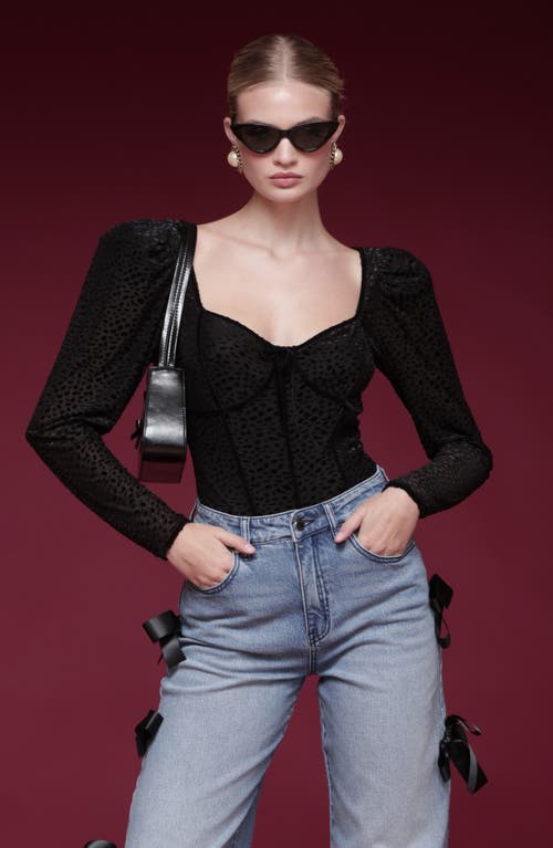 Avec Les Filles Animal Spot Sweetheart Neck Top In Black