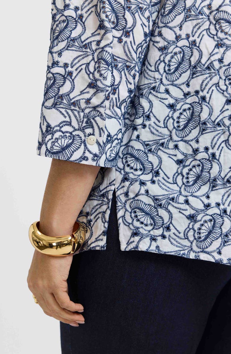 Foxcroft Zoey Embroidered Eyelet Cotton Button-Up Shirt, Alternate, color, White/ Navy