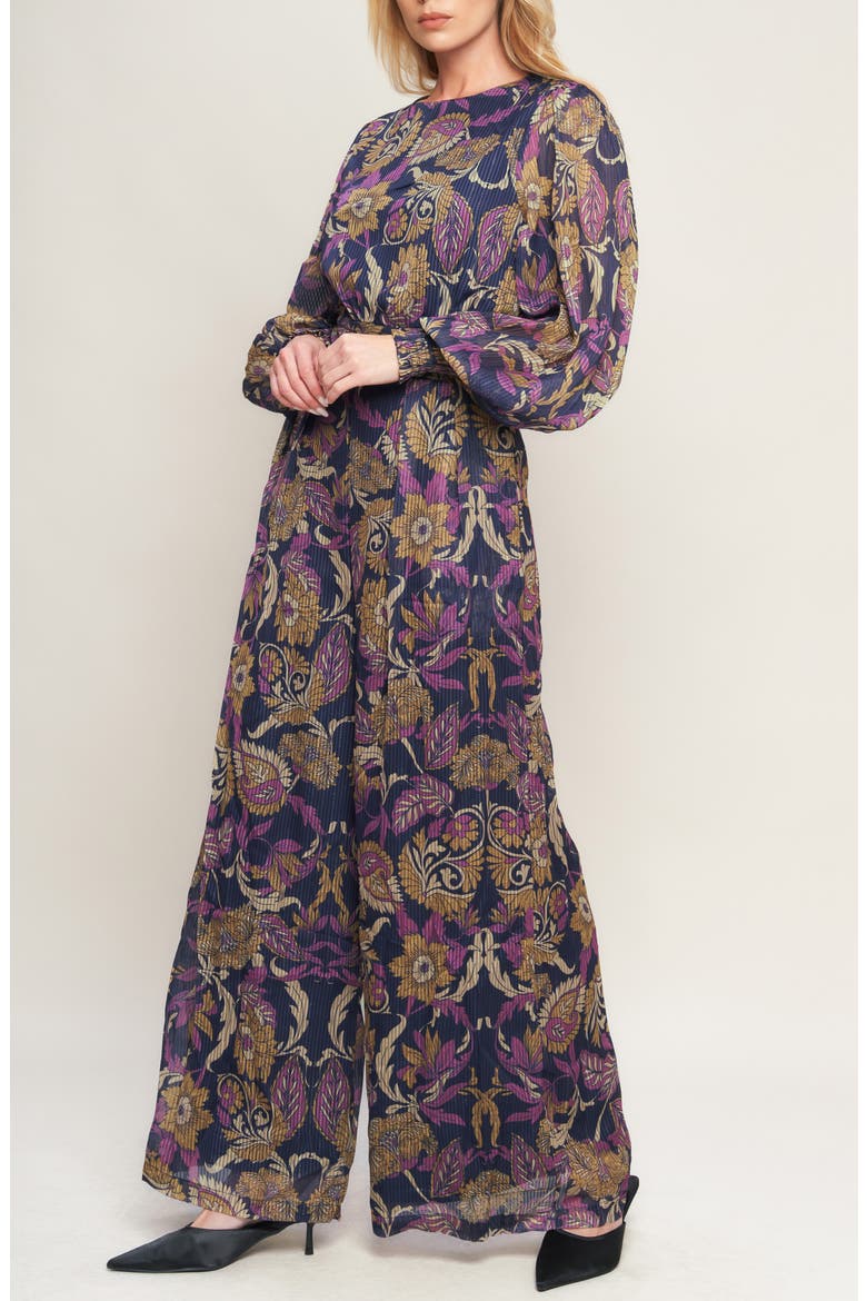 Floral Plissé Jumpsuit, Alternate, color, NAVY