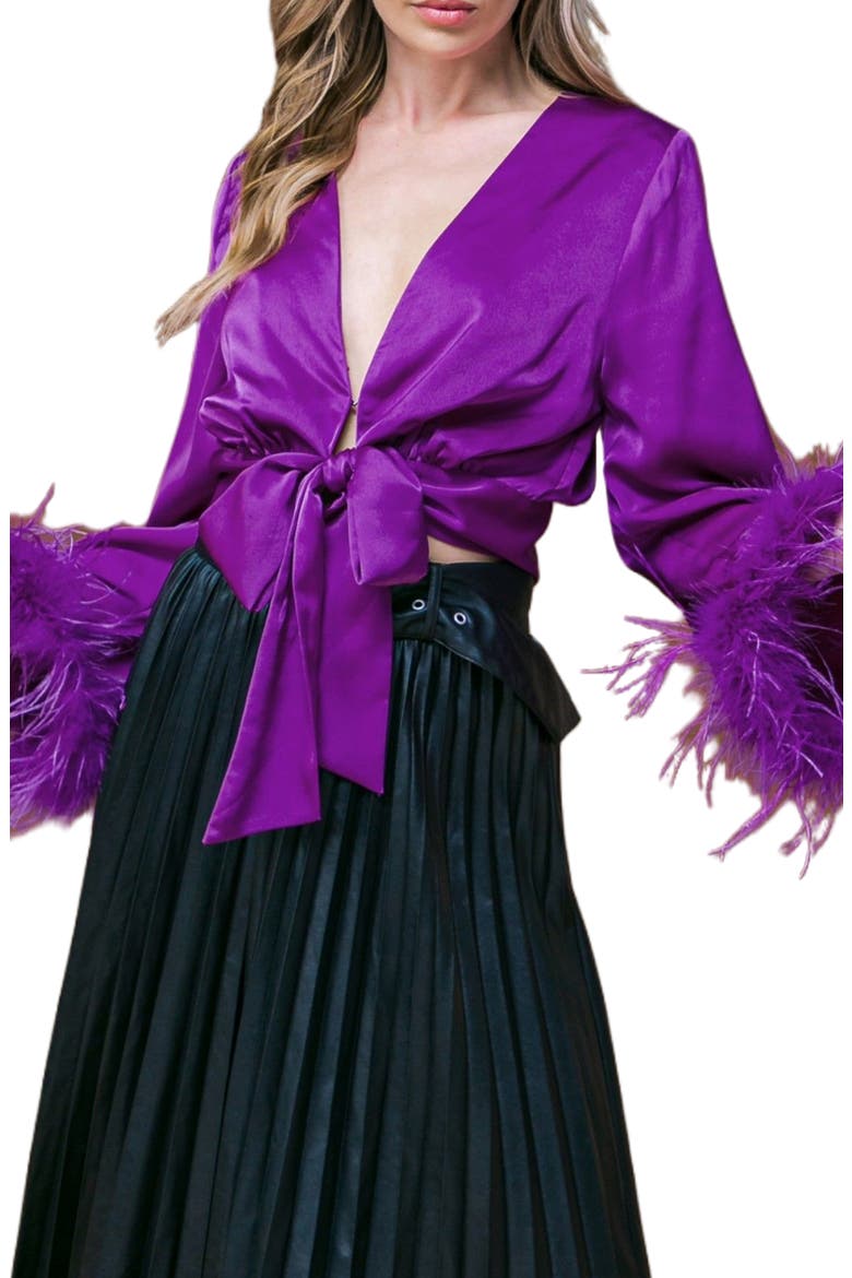 Satin Tie Front Top with Faux Fur Cuffs, Main, color, PURPLE