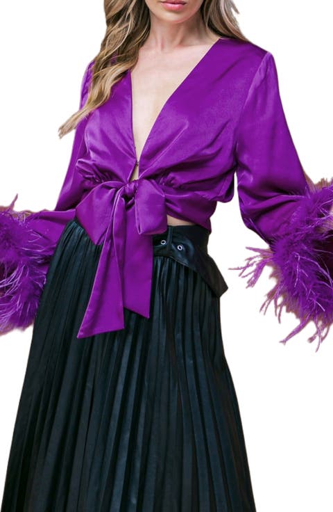 Satin Tie Front Top with Faux Fur Cuffs