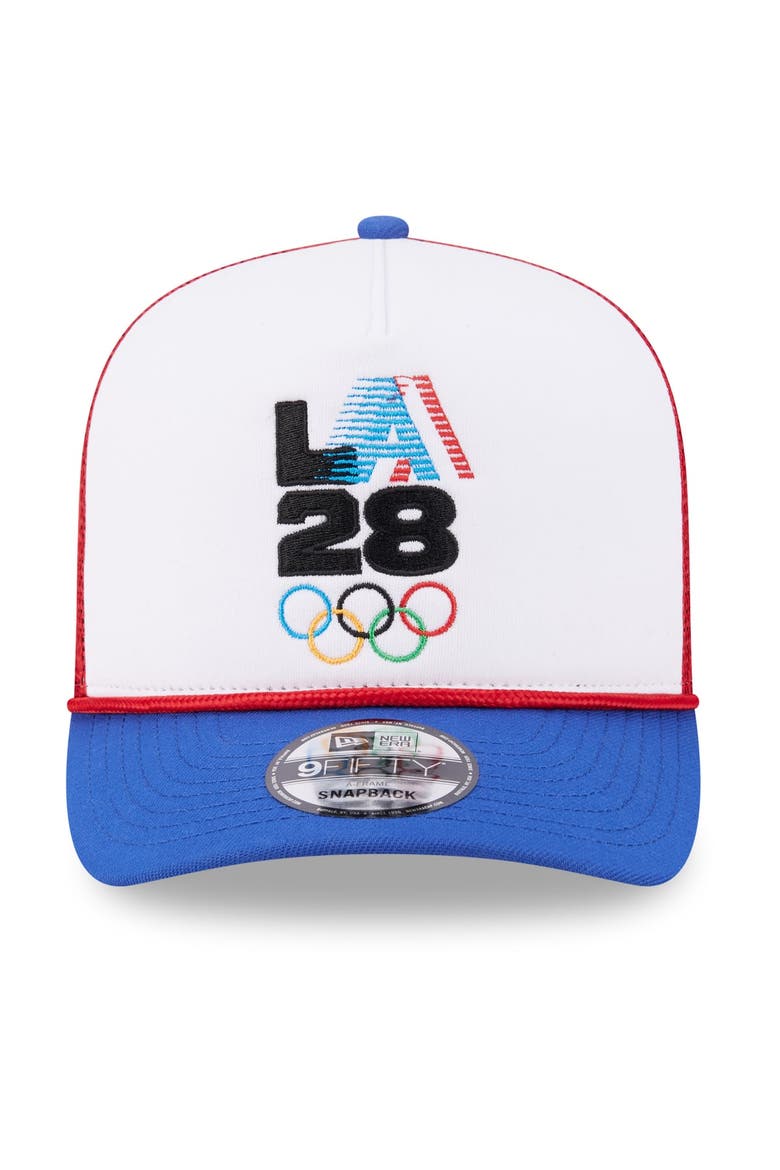 Men's New Era White/Red LA28 Summer Olympics Retro Stripe Rope A-Frame 9FIFTY Trucker Snapback Hat, Alternate, color, White