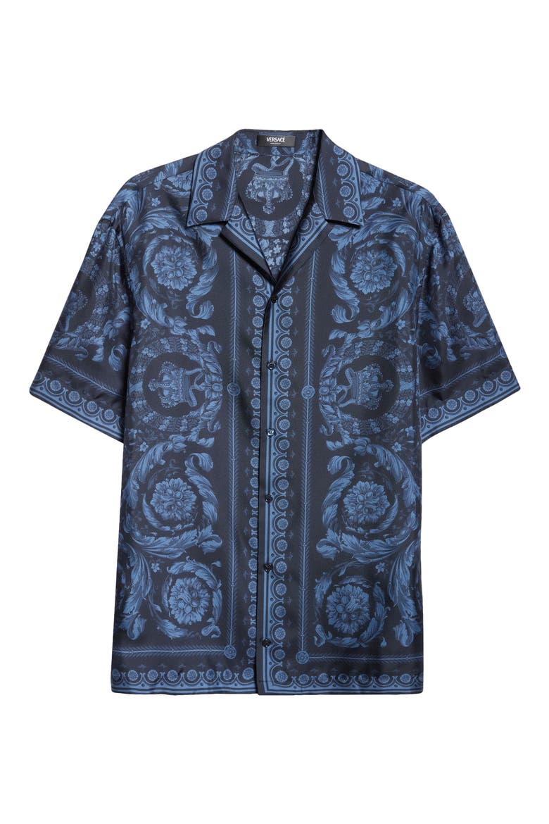 Barocco Print Silk Button-Up Shirt, Alternate, color, NAVY BLUE