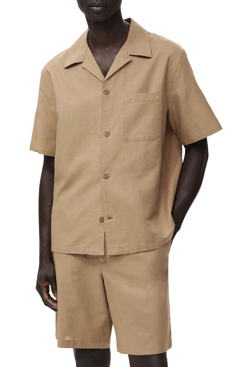 MANGO Oversize Cotton & Linen Camp Shirt, Main, color, Beige