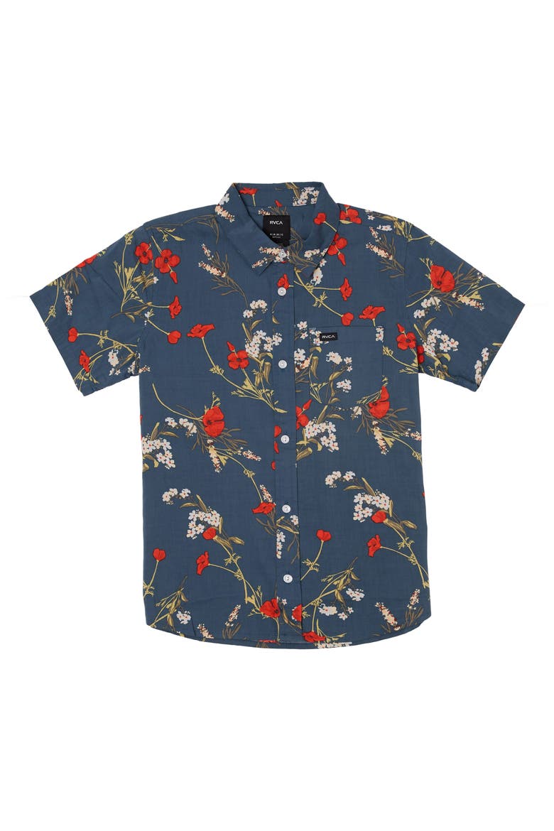 Kids' Botanical Print Short Sleeve Button-Up Shirt, Main, color, DUCK BLUE