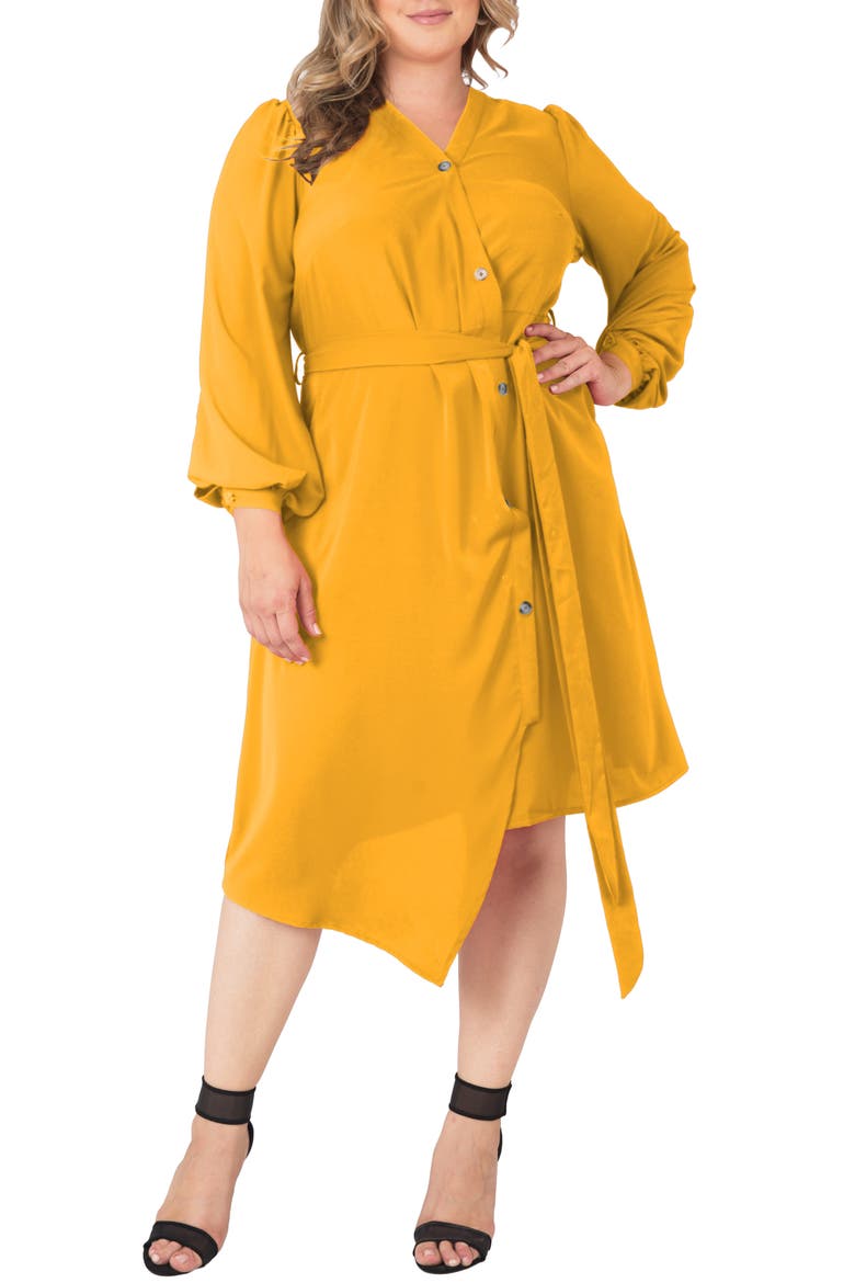 Asymmetrical Long Sleeve Shirtdress, Main, color, GINGER