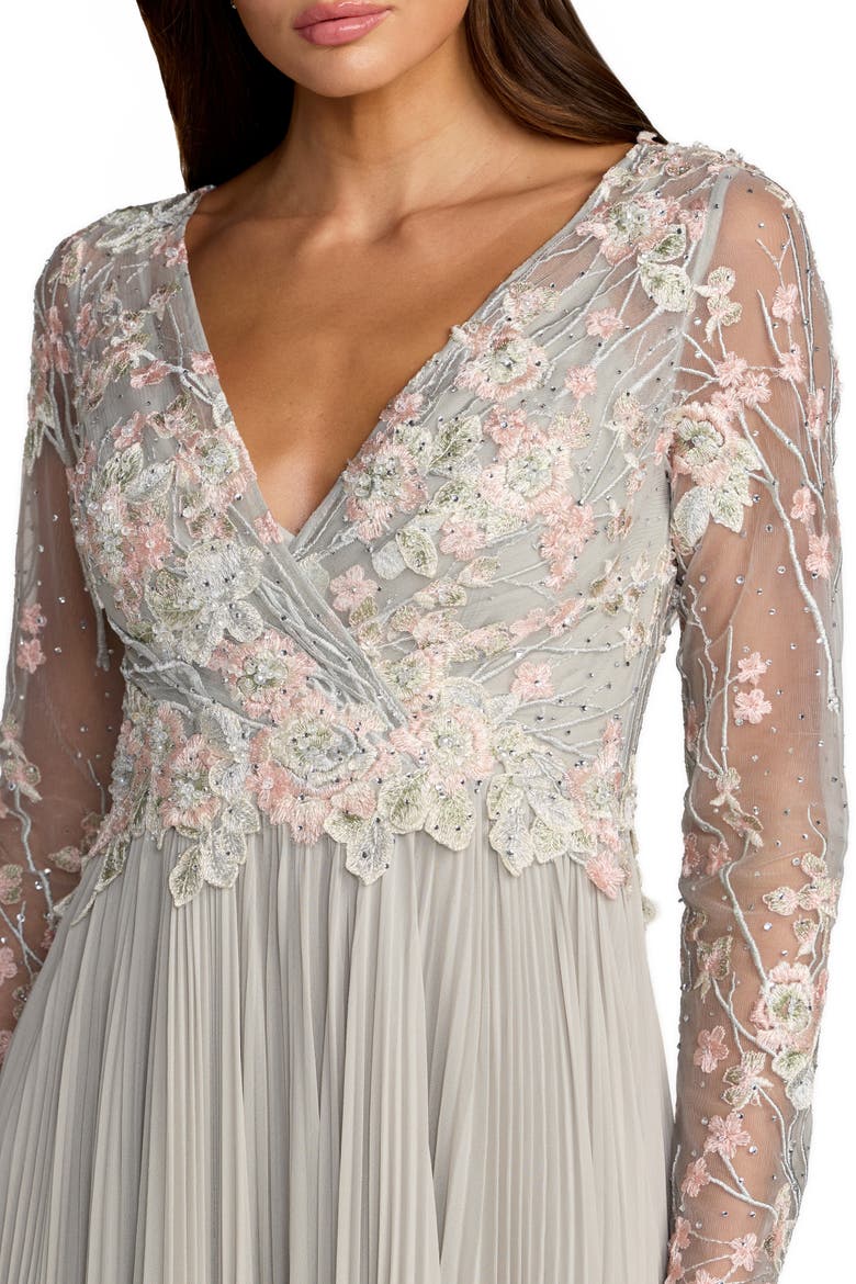 Women's Embroidered Long Sleeve V Neck Pleated Gown, Alternate, color, Platinum Multi