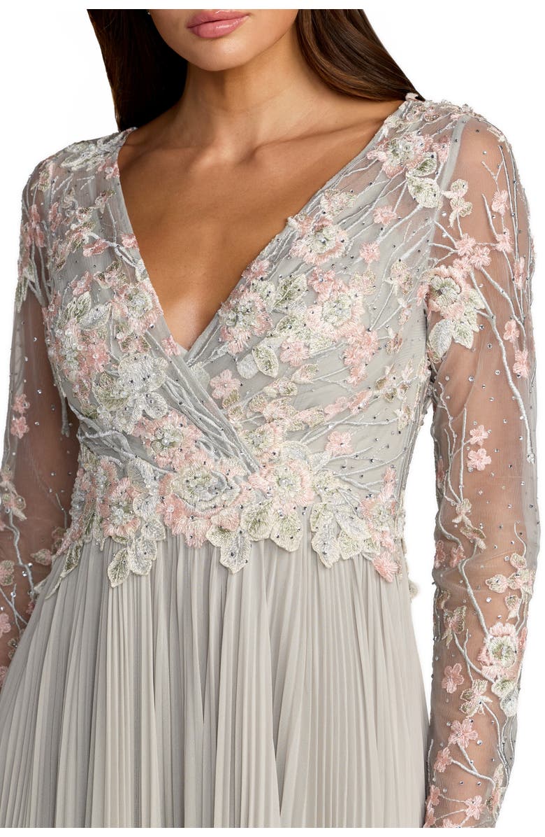 Mac Duggal Women's Embroidered Long Sleeve V Neck Pleated Gown, Alternate, color,
