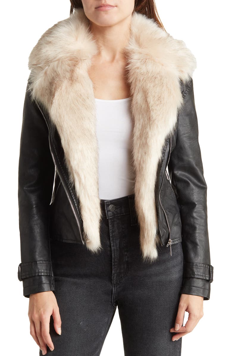 AZALEA WANG Faux Leather Biker Jacket with Faux Fur Trim, Main, color,