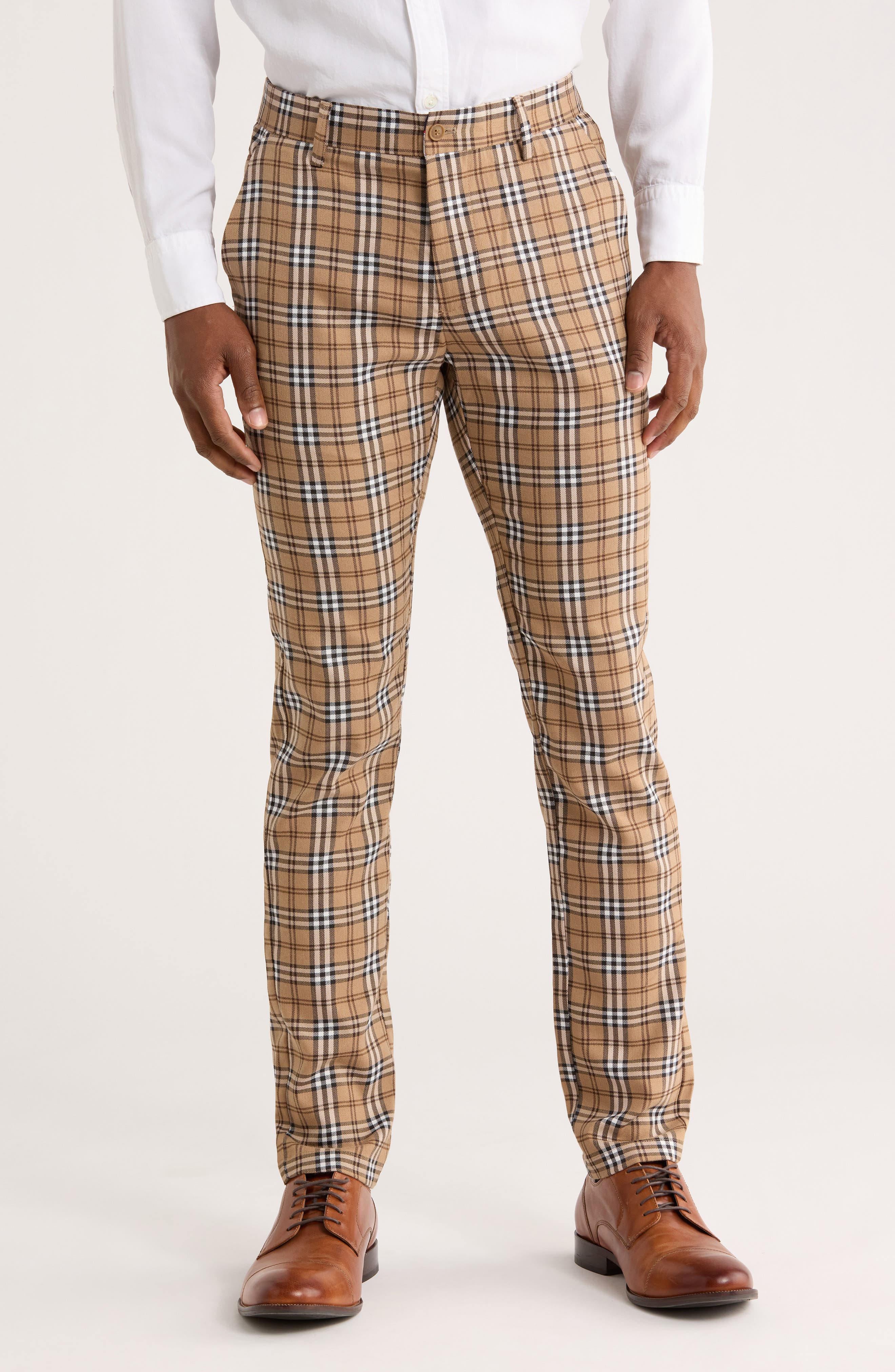 T.R. PREMIUM Slim Fit Flat Front Plaid Dress Pants