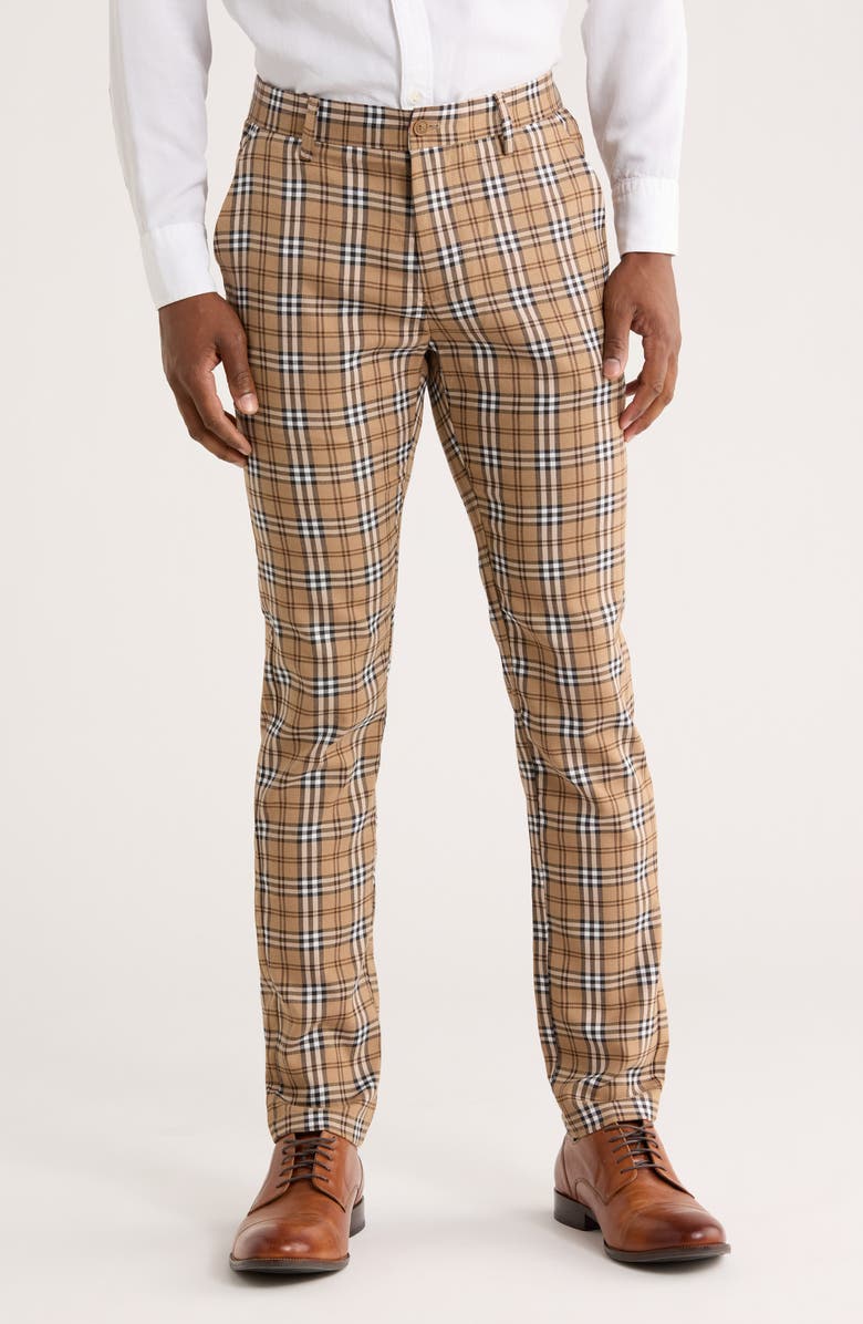 T.R. PREMIUM Slim Fit Flat Front Plaid Dress Pants, Main, color, Beige