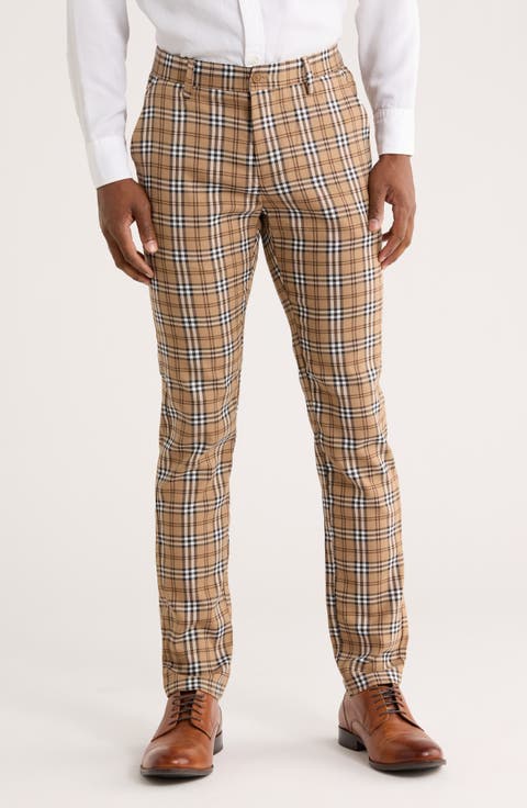 Slim Fit Flat Front Plaid Dress Pants
