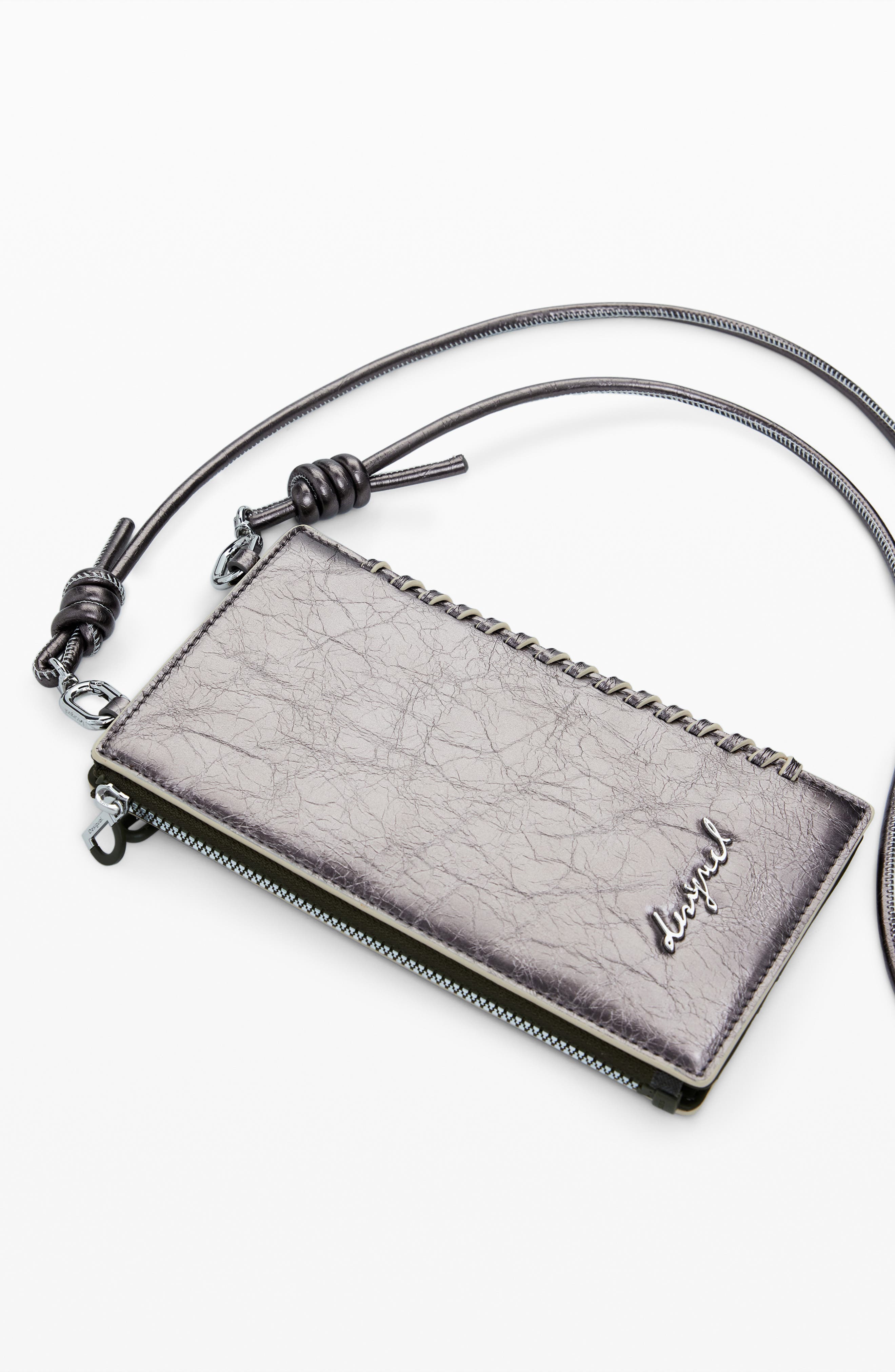 Desigual Metallic Faux Leather Crossbody Bag, Alternate, color, Silver