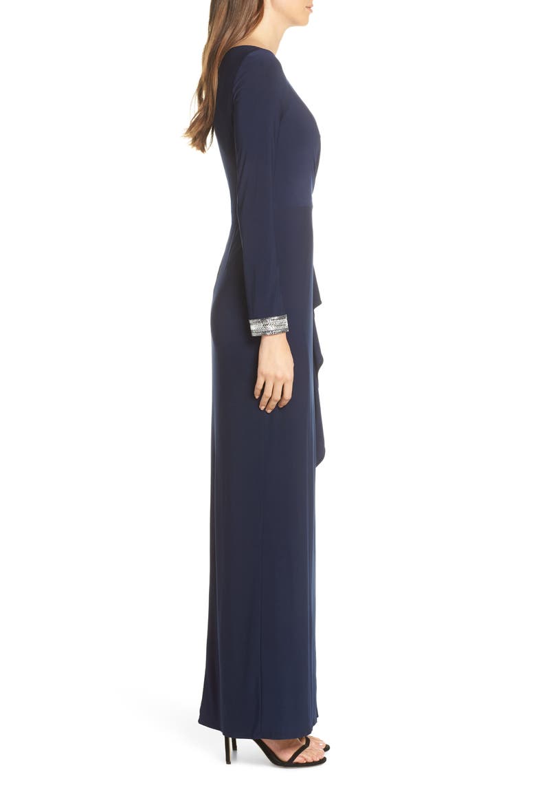 Beaded Cuff Ruched Jersey Gown, Alternate, color, NAVY