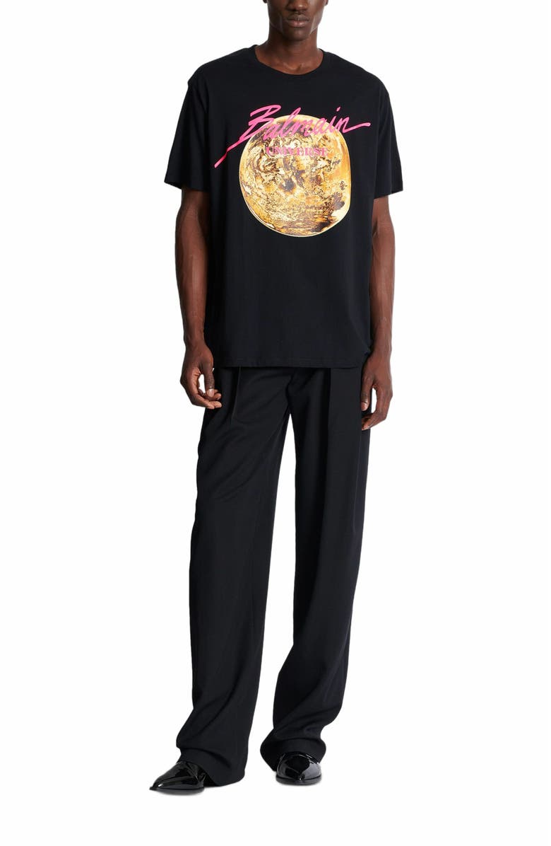 Balmain Printed Balmain Universe Logo And Planet T-Shirt, Alternate, color, Black