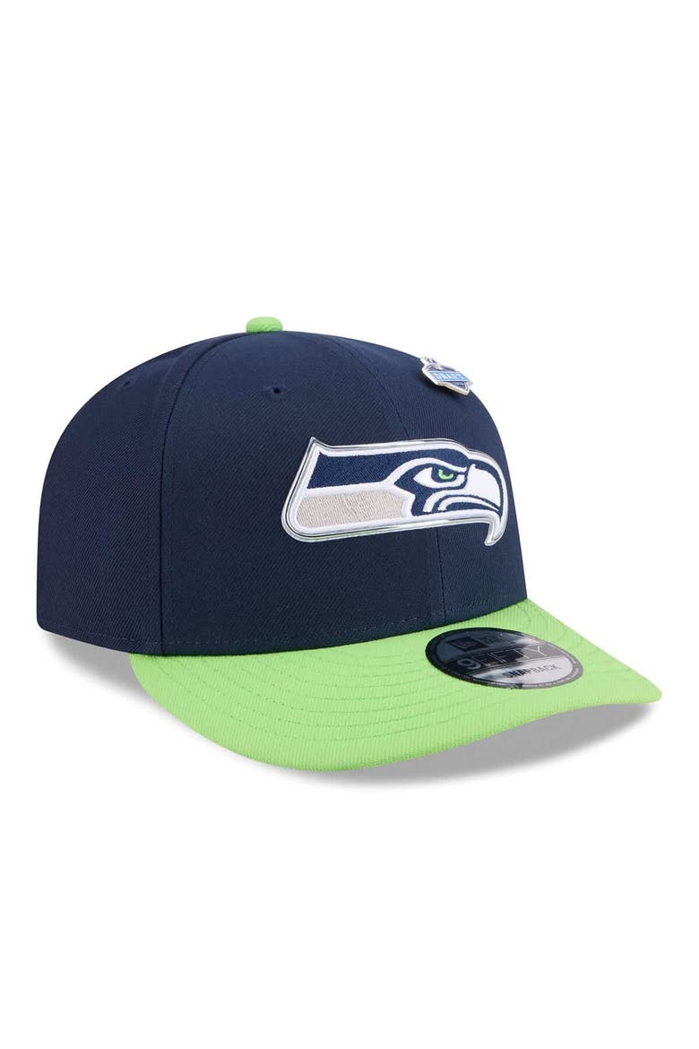 Men's New Era  College Navy/Neon Green Seattle Seahawks 2026 NFL Draft On Stage Pre-Curved 9FIFTY Snapback Hat, Alternate, color, College Navy