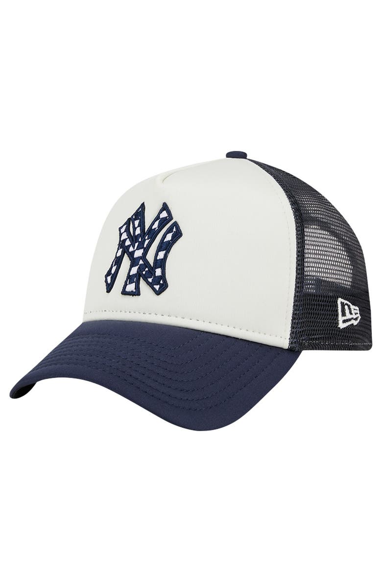 New Era Men's New Era White/Navy New York Yankees Checkered Flag A-Frame Trucker 9FORTY Adjustable Hat, Alternate, color, White