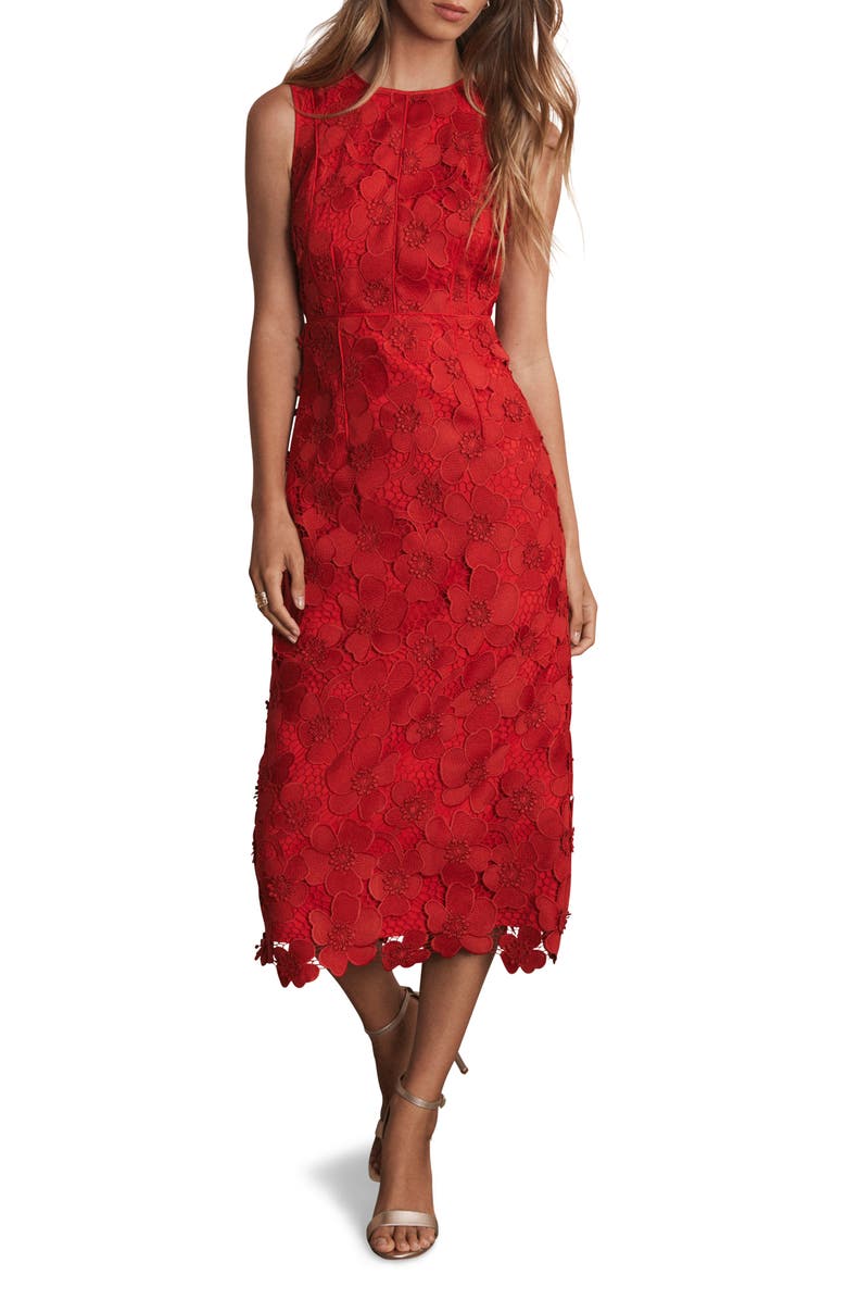 MINT VELVET Lace Shift Midi Dress, Alternate, color, Red