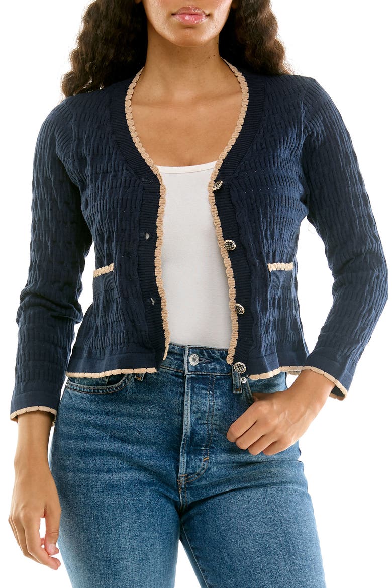 Scallop Trim Cardigan Sweater, Main, color, NAVY/ TAN