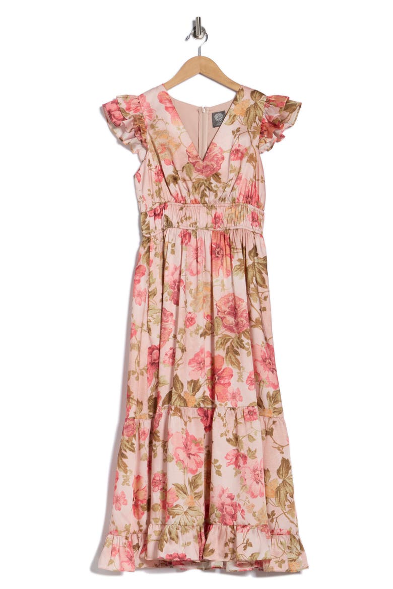 vince camuto floral print flutter sleeve tiered ruffle midi dress VINCE CAMUTO Floral Print Flutter Sleeve Tiered Ruffle Midi Dress
