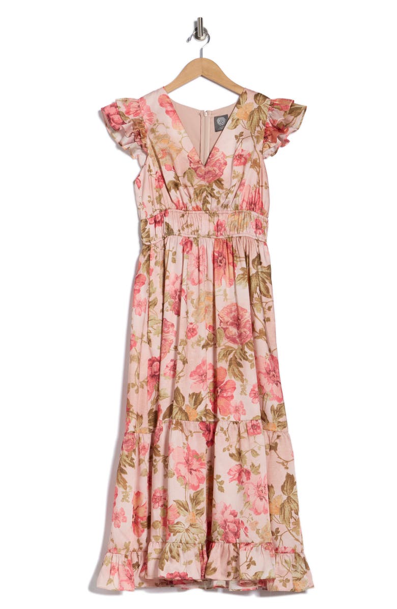 Vince Camuto Ruffle Cap Sleeve Midi Dress, Alternate, color, Peach