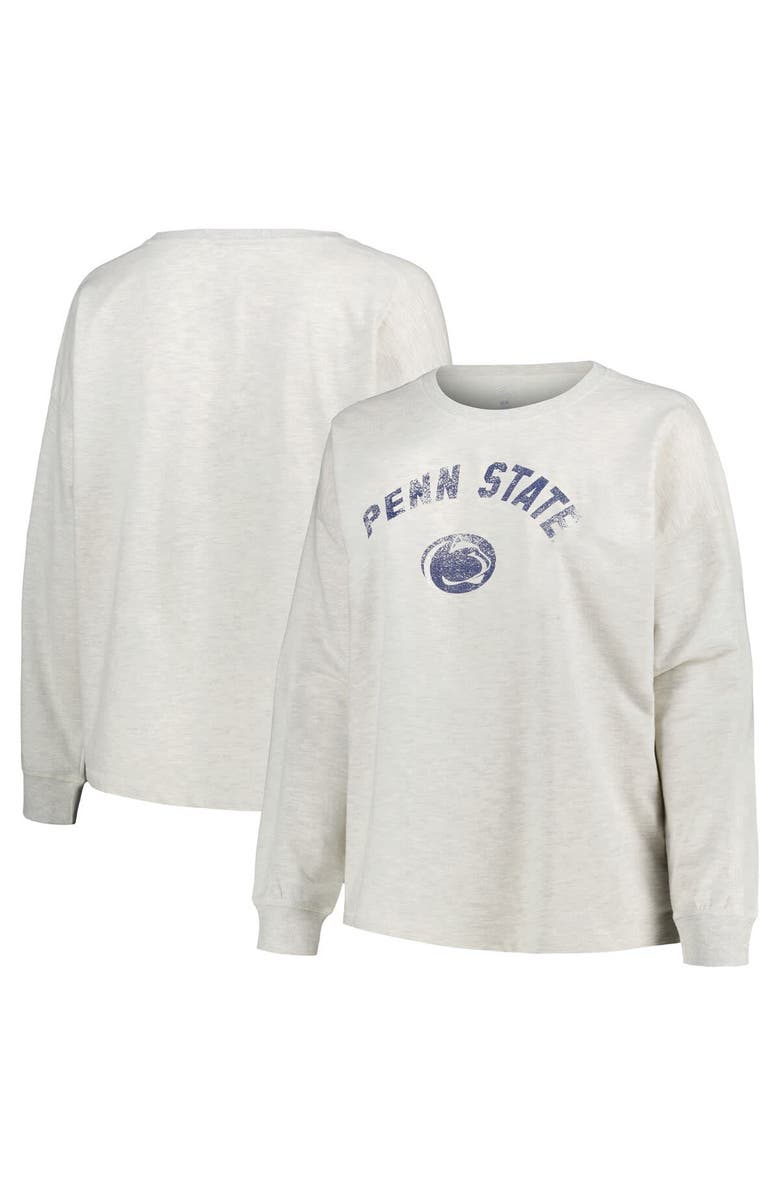 PROFILE Women's Profile Oatmeal Penn State Nittany Lions Plus Size Distressed Arch Over Logo Neutral Boxy Pullover Sweatshirt, Main, color, Oatmeal