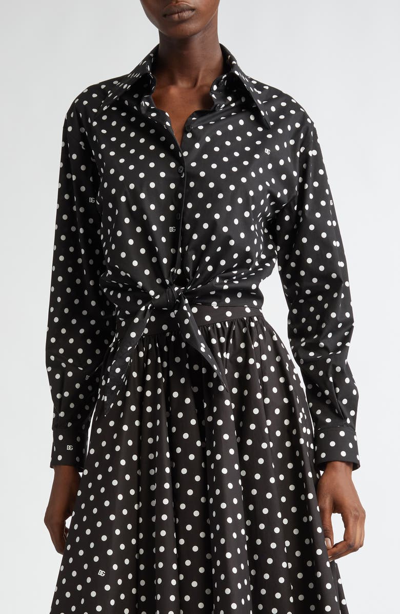 Dolce&Gabbana Polka Dot Long Sleeve Button-Up Crop Shirt, Main, color, Hnzqw Pois Picc 0 8 F.nero