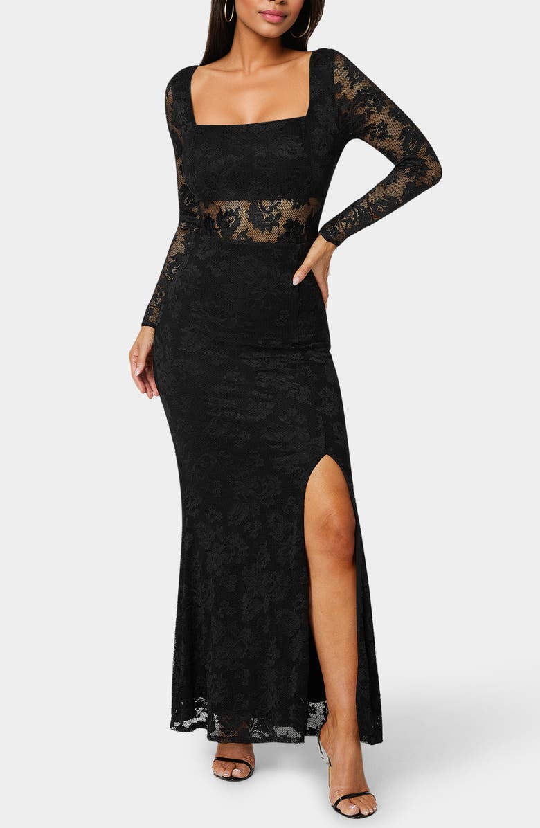 bebe Illusion Panel Long Sleeve Lace Maxi Dress, Main, color, Black