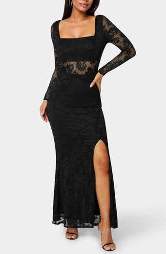 bebe Illusion Panel Long Sleeve Lace Maxi Dress