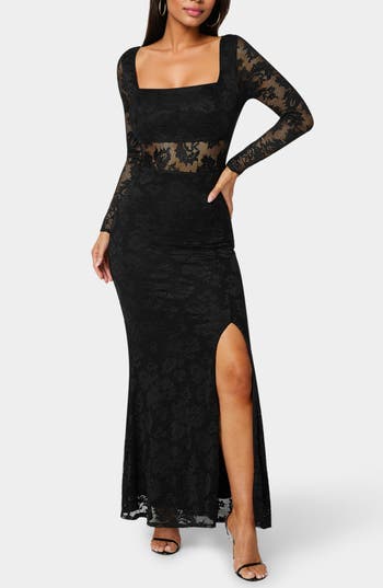 Bebe Illusion Panel Long Sleeve Lace Maxi Dress In Black