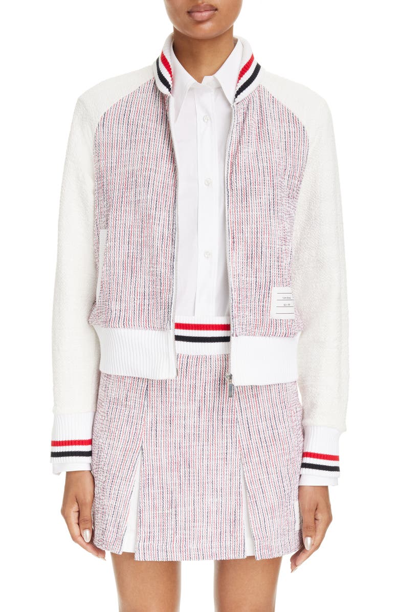Thom Browne RWB Stripe Tweed Bomber Jacket, Main, color, 