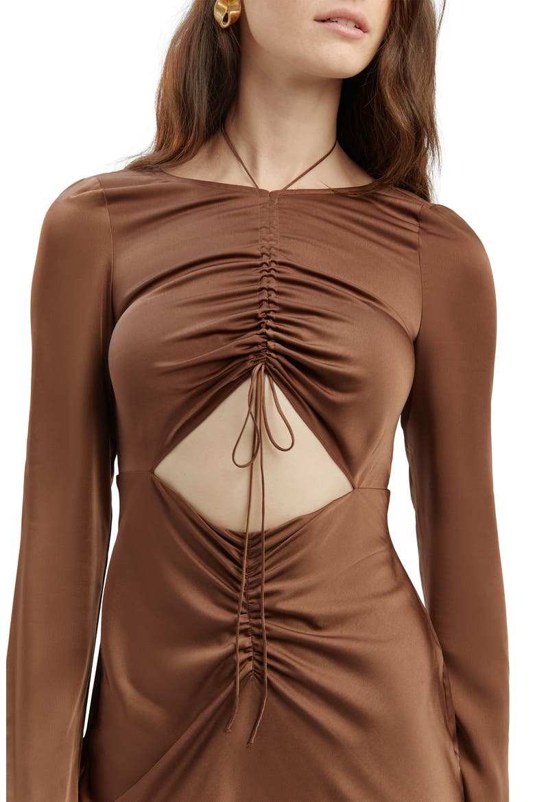 Daring Ruched Long Sleeve Cutout Midi Dress, Alternate, color, CHOCOLATE