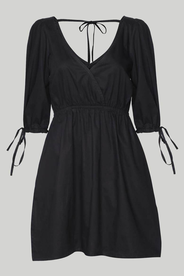 Gathered Elbow Sleeve Short Dress, Alternate, color, Black