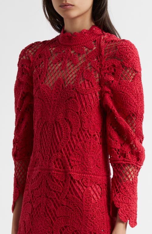 Farm Rio Long Sleeve Lace Knit Midi Dress In Red