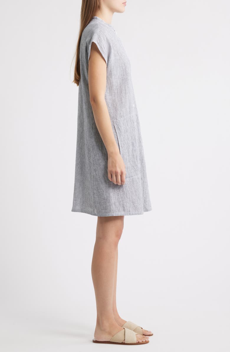 Eileen Fisher Band Collar Stripe Organic Linen Shirtdress, Alternate, color, Ink