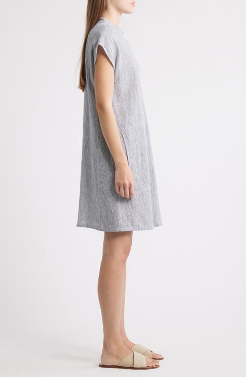 Eileen Fisher Band Collar Stripe Organic Linen Shirtdress