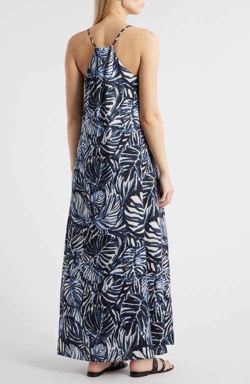 Tahari Asl Palm Print Charmeuse Maxi Slipdress In Sand Navy Palm