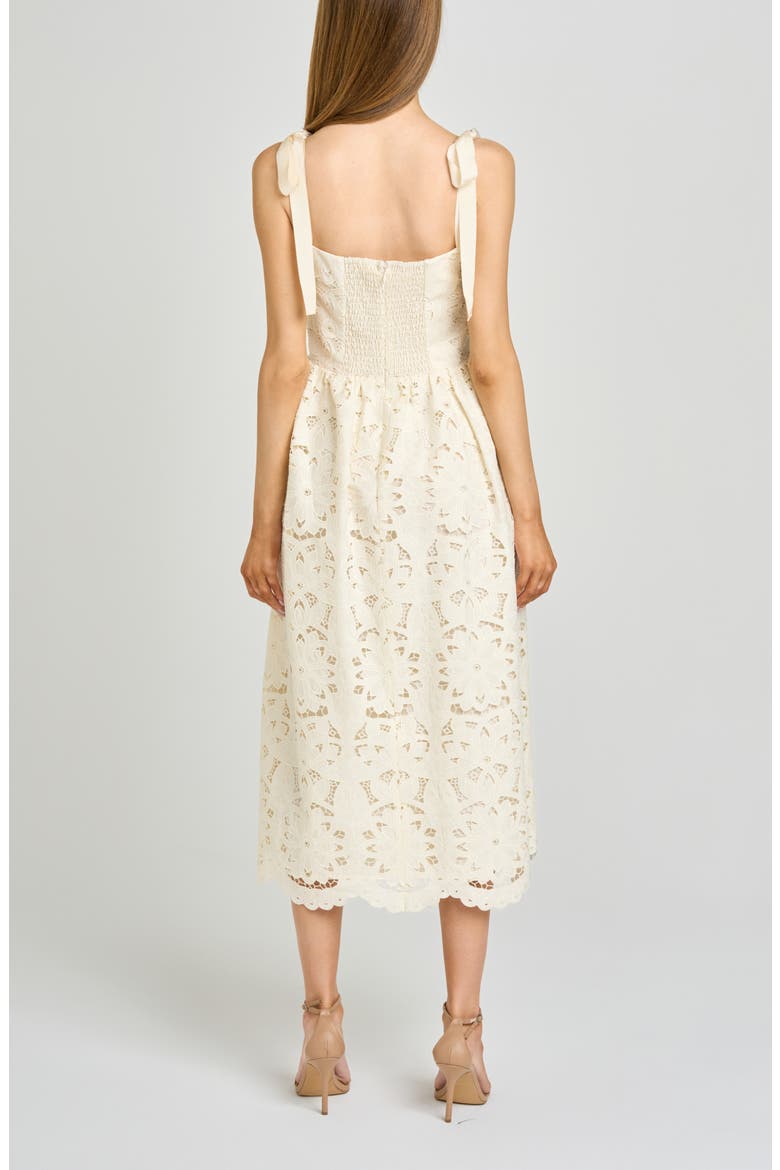 Kassi Floral Embroidered Tie Shoulder Cotton Midi Dress, Alternate, color, ANTIQUE IVORY
