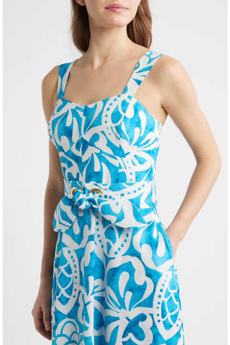 Grommet Tie Belt Midi Dress, Alternate, color, BLUE JEWEL IVORY