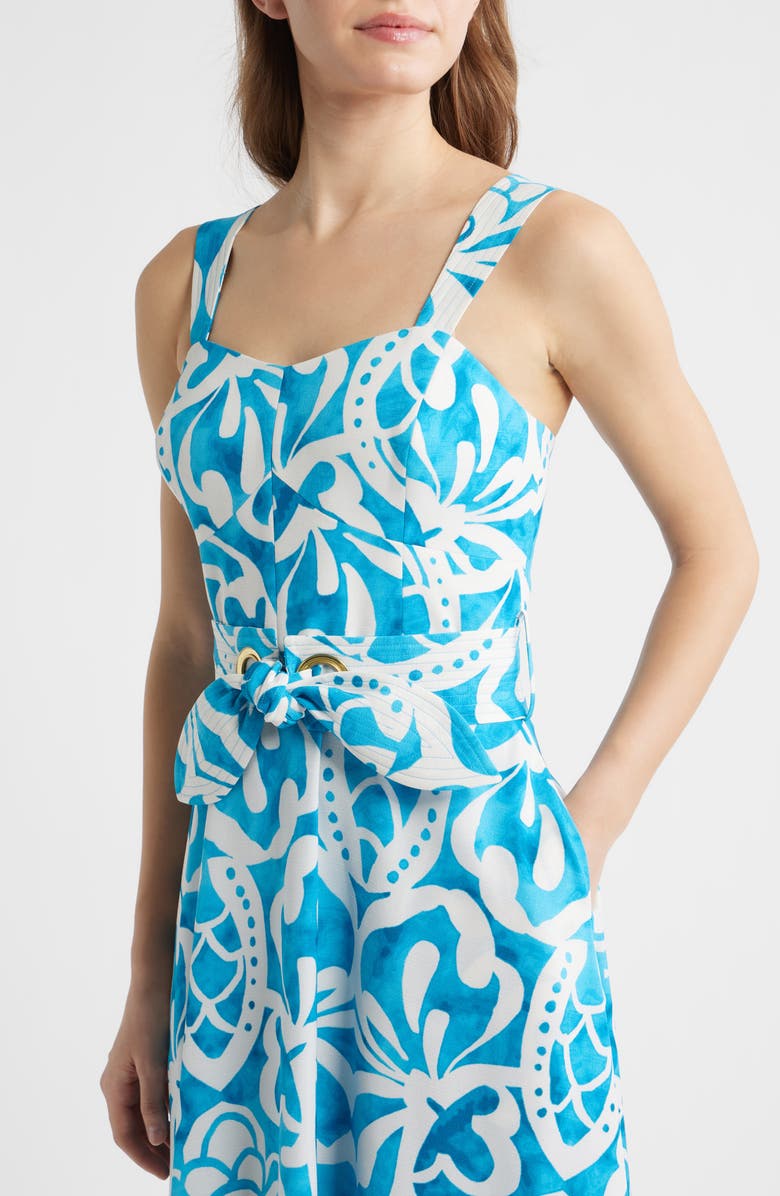 Tahari ASL Grommet Tie Belt Midi Dress, Alternate, color, Blue Jewel Ivory