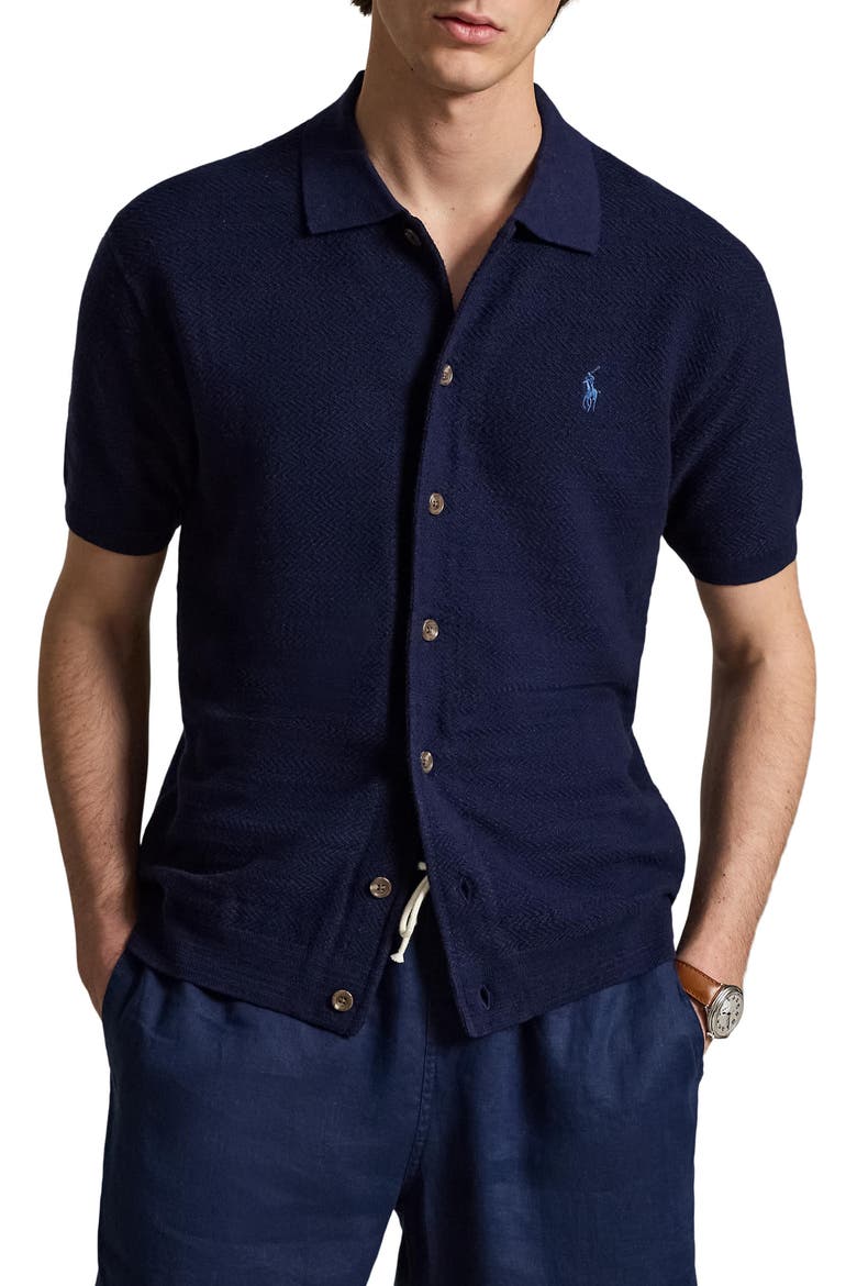 Short Sleeve Cotton Herringbone Full Button Cardigan, Main, color, BRIGHT NAVY