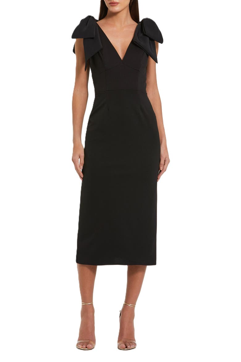 Statement Bow Shoulder Crepe Midi Dress, Main, color, Black