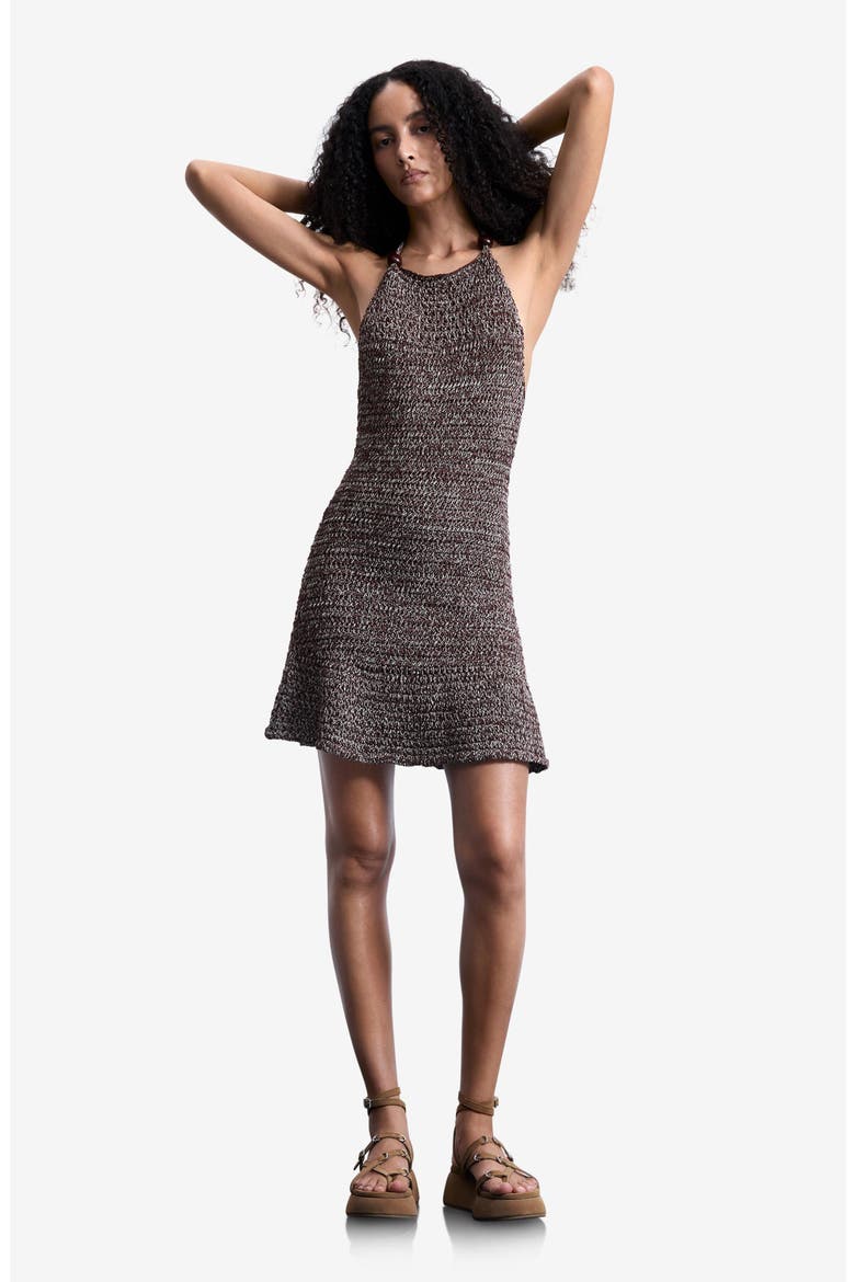 Open Stitch Halter Neck Cotton Blend Minidress, Alternate, color, BROWN
